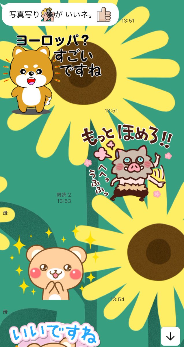 これはユニバの時の写真を家族LINEに送って褒めるのを強制した時のスクショ 伊之助ありがとう 