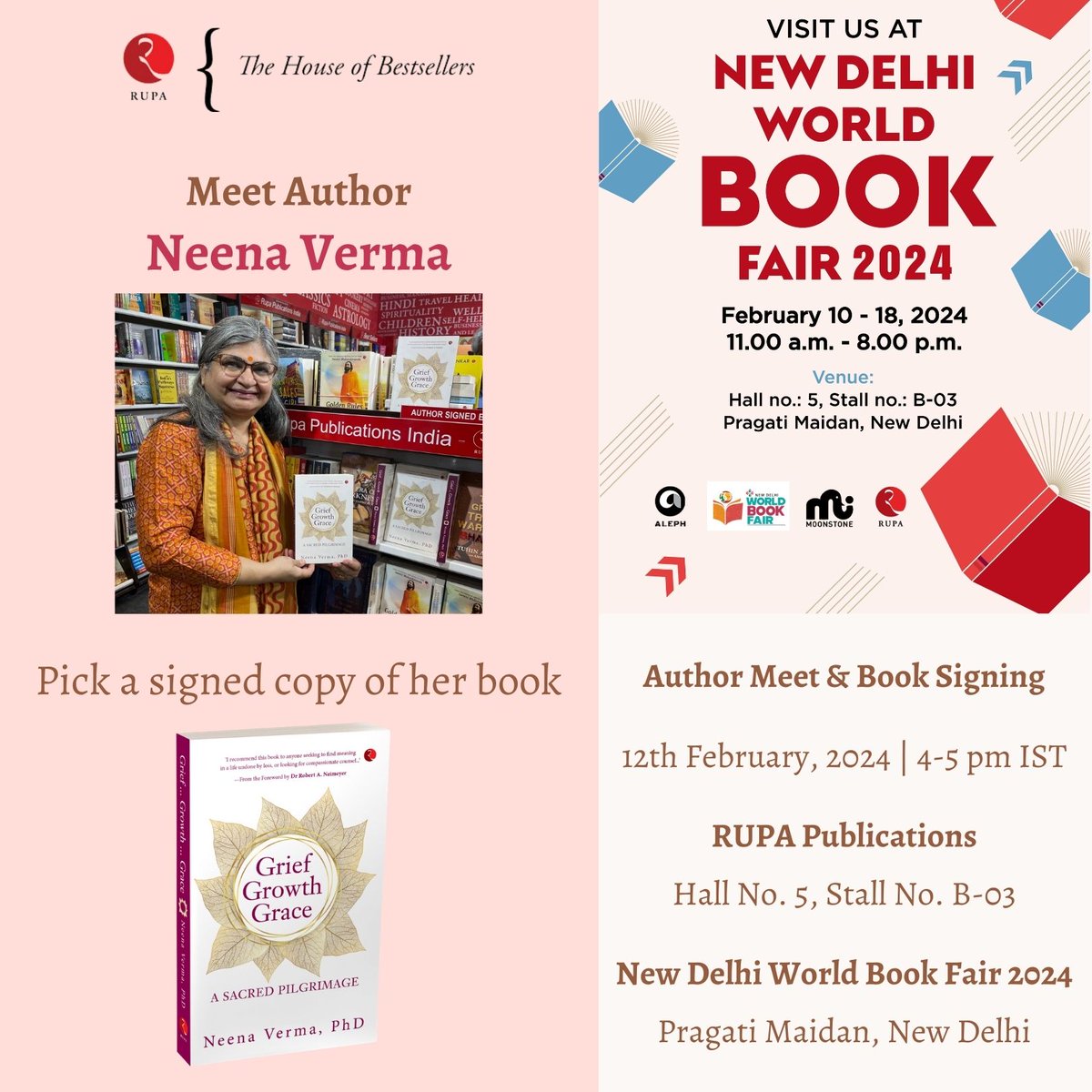 You are invited to join #BookSigning of my book #GriefGrowthGrace at #WorldBookFair2024 
RUPA Publications, Stall B-03, Hall 5, Pragati Maidan, New Delhi on 12th Feb 2024, 4-5 pm IST  
Plz come with family & friends 
#book #griefandgrowth #resilience #griefcoach #griefwisdom