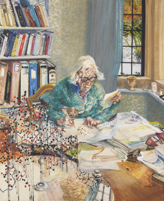 [IMAGE] A painted portrait of scientist Dorothy Hodgkin. The portrait features the sitter sat in her study. She is focused on her work.