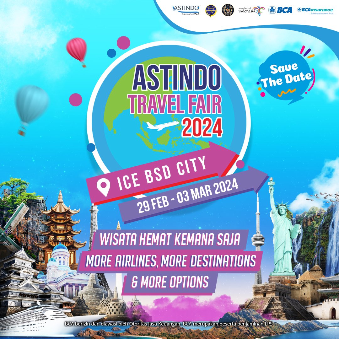 smailingtour's tweet photo. Astindo Travel Fair 2024 hadir lagi! Dapatkan berbagai penawaran menarik untuk berbagai produk travel dan benefit dengan menggunakan Kartu BCA.

Catat tanggalnya!
📅 29 Februari - 3 Maret
📍ICE BSD

More info
WA: 0813144998833 ; 08119338833
Email customercare@smailingtour.co.id https://t.co/UFn6nNc4fJ