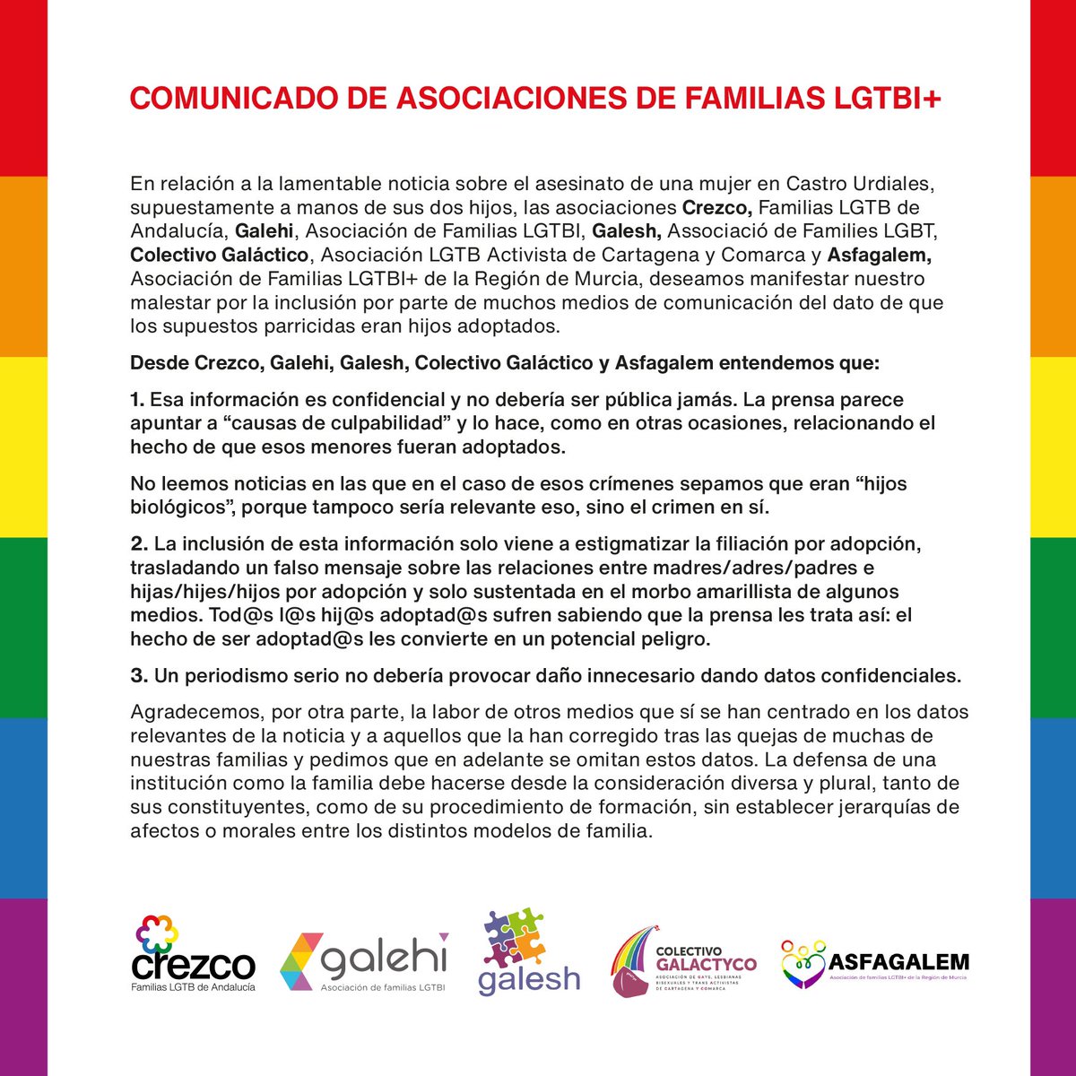 🔴🏳️‍🌈 COMUNICADO DE LAS ASOCIACIONES DE FAMILIAS LGTBI+ A LOS MEDIOS DE COMUNICACIÓN: