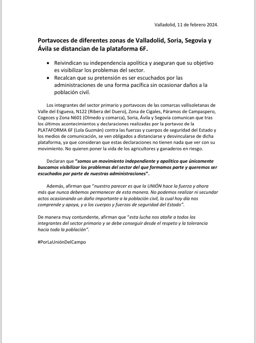 SrCalleja_'s tweet photo. Portavoces de diferentes zonas de Valladolid, Soria, Segovia y
Ávila se distancian de la plataforma 6F.
• Reivindican su independencia apolítica y aseguran que su objetivo
es visibilizar los problemas del sector. https://t.co/BAHII4aKFK