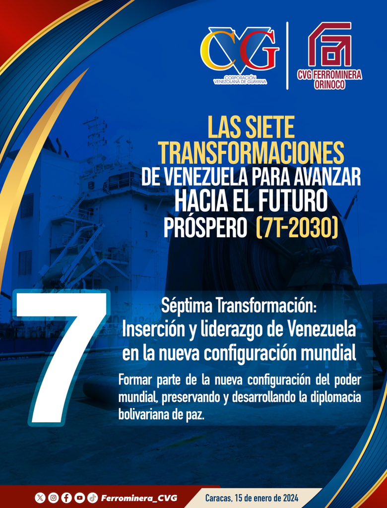 Las Siete Transformaciones de Venezuela para avanzar hacia el futuro próspero: 
7. Séptima Transformación: Inserción y liderazgo de Venezuela en la nueva configuración mundial, preservando y desarrollando la diplomacia de paz