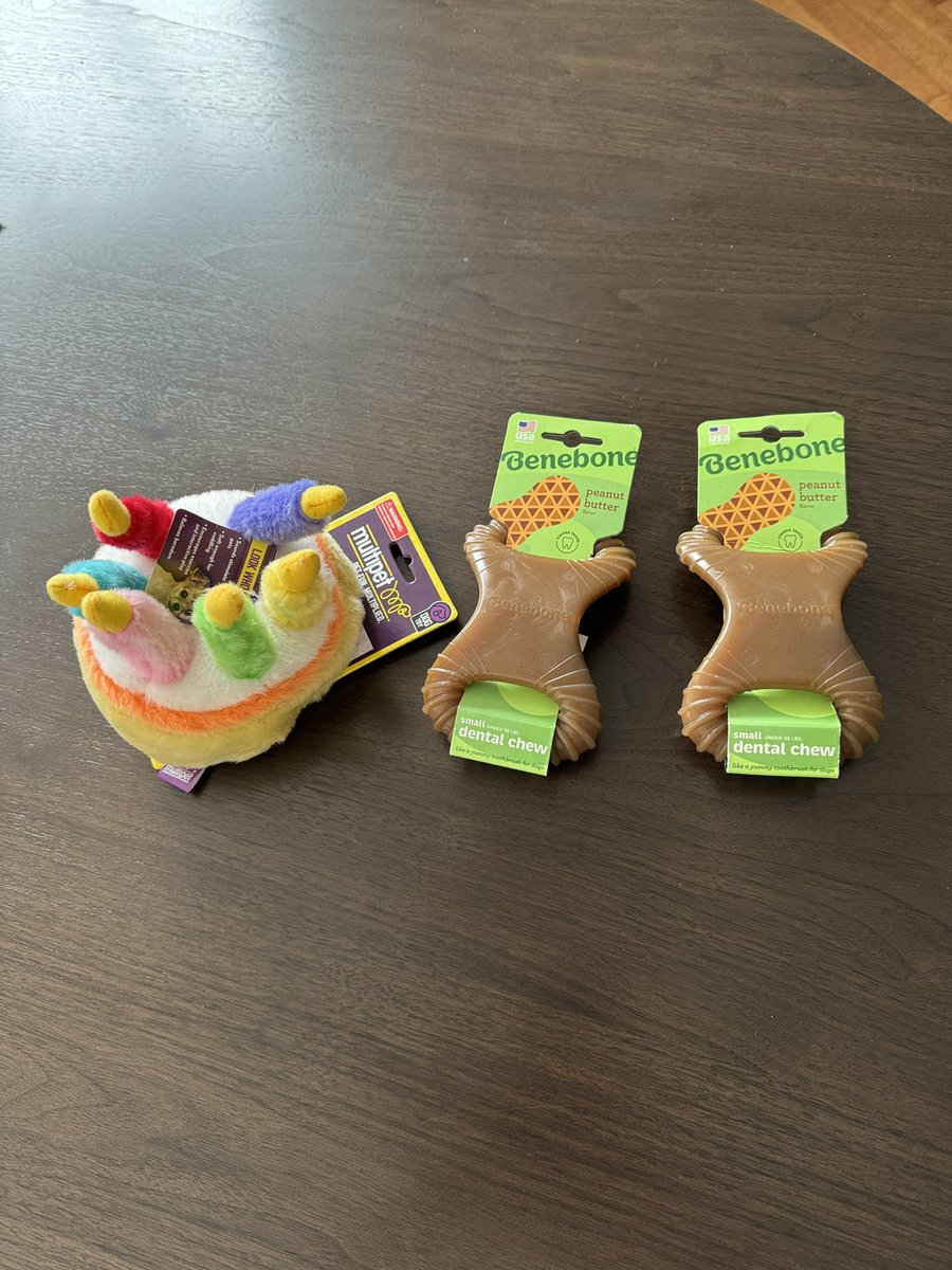 So many choices for my boy’s birthday, but here’s where we ended up. A birthday cake plush toy and a peanut butter chew. (The extra one for his sister.) Happy birthday, Arthur! PS: any bets on how long that plush lasts?