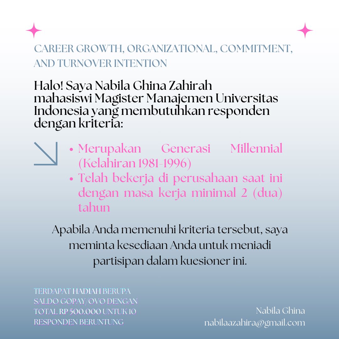 Halo guys!

Saat ini saya sedang membutuhkan responden untuk penelitian dalam rangka penyusunan karya akhir sebagai suatu syarat kelulusan Magister Manajemen mengenai “Pengaruh Career Growth dan Perceived Organizational Support terhadap Turnover Intention dengan Organizational