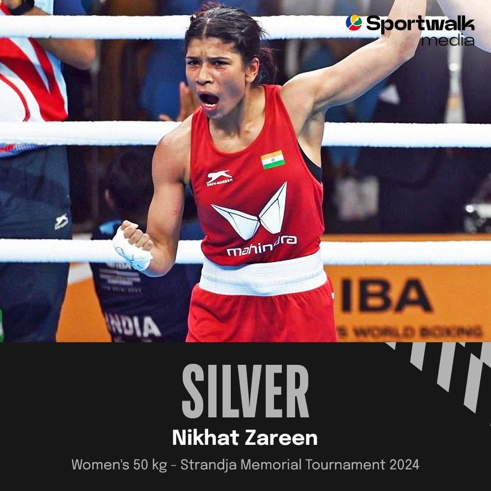 sportwalkmedia's tweet photo. 🥊👏 𝗦𝗜𝗟𝗩𝗘𝗥 𝗙𝗢𝗥 𝗡𝗜𝗞𝗛𝗔𝗧! She finishes by securing the 🥈 medal after losing to Sabina Bobokulova, 2-3, in the finals.

@Media_SAI @nikhat_zareen @iboxingcouncil

📷 Pics belongs to the respective owners • #NikhatZareen #StrandjaMemorial #Boxing #IndianBoxing #IndianSports #TeamIndia #Cheer4India #Sportwalk
