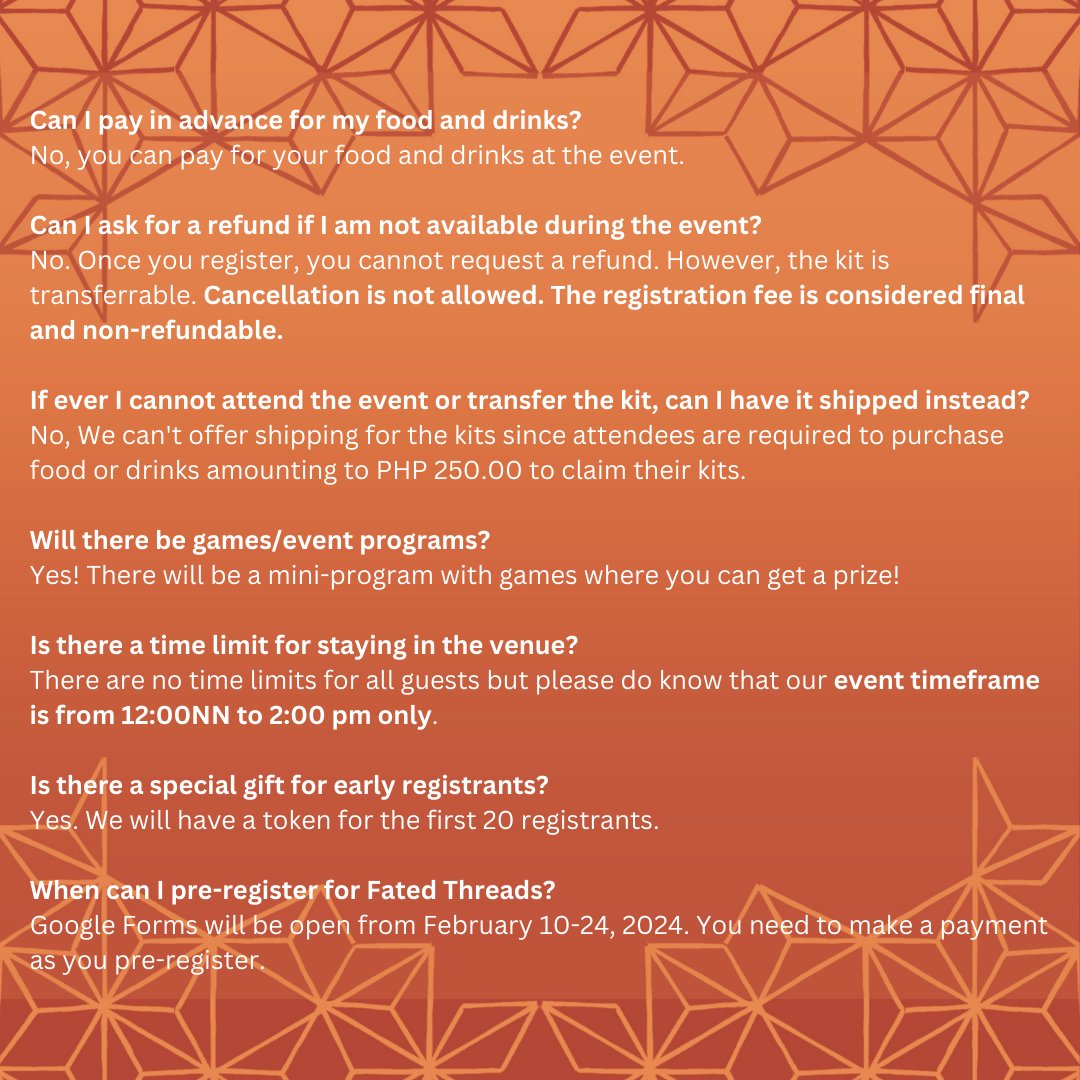 fatedwithSKZ's tweet photo. Hey STAYs! 🌟 Got questions about the Fated Threads cupsleeve event? We've got all the answers you need right here in our FAQ section and event guidelines.

Don't forget to follow us for all the latest updates!

#fatedwithSKZ
#FatedThreads
#SKZcupsleeveph https://t.co/Y5iC72lg58