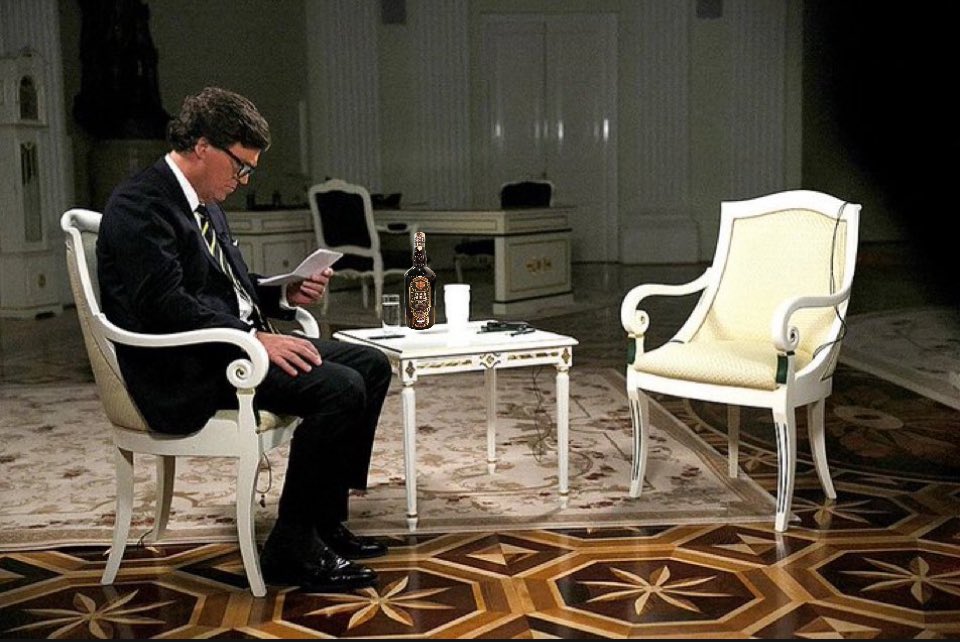 Bigbluedolla's tweet image. My man was right! Tucker brought a bottle of @tigerthiccc to thank Putin for giving the interview.