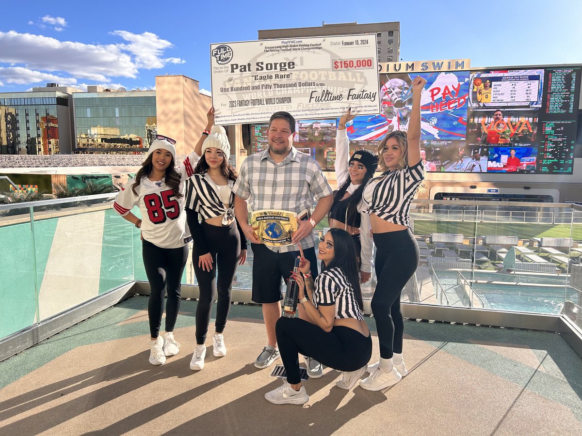 What an amazing #SuperSaturday with the #FantasyFootball World Champion Pat, his wife Tracy and the <a href="/CircaLasVegas/">Circa Las Vegas</a> team, CEO/Owner <a href="/DerekJStevens/">Derek Stevens</a> at <a href="/stadiumswim/">Stadium Swim</a>. 
The check, the belt, the memories...
Congrats Champ!