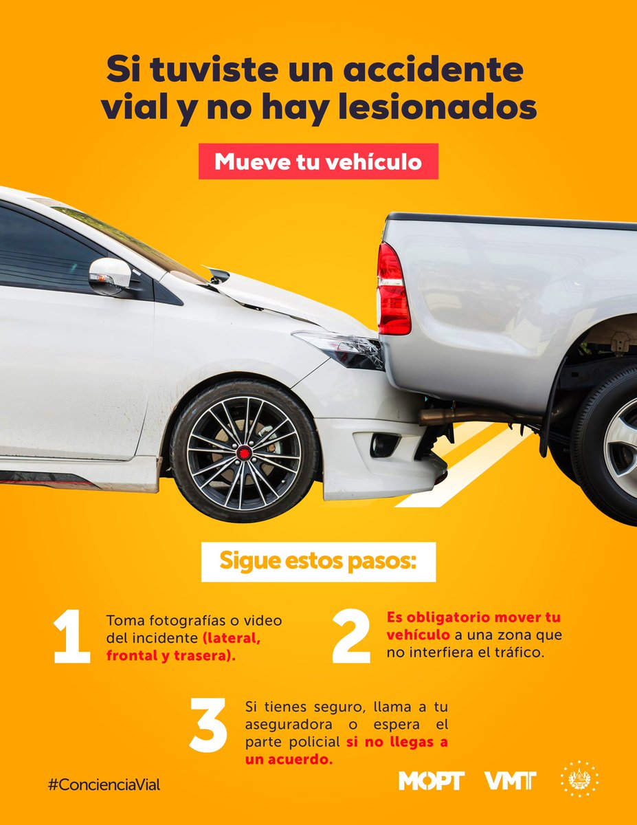 Si tuviste un siniestro vial que implica solo daños materiales, sigue estos pasos:

1. Toma evidencia fotográfica o de video de la escena.

2. Moviliza tu vehículo hacia donde no afecte el tránsito vehicular.

3. Espera a tu aseguradora o a la parte policial si no logras un