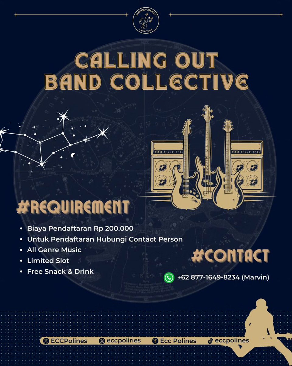 📢 𝑨𝒕𝒕𝒆𝒏𝒕𝒊𝒐𝒏 𝑩𝒂𝒏𝒅 𝑪𝒐𝒍𝒍𝒆𝒄𝒕𝒊𝒗𝒆! 🎸🥁

We are calling out the band collective at the Electro Charity Concert.

Join us for the Electro Charity Concert!

For further information, please contact number up there.  Let's register now!

Don't miss out! 🤘🎶