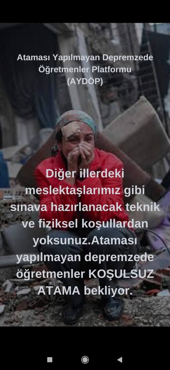 Ataması yapılmamış öğretmenler olarak yıllarca hiçbir şey istemedik kendi yağımızla kavruldk.Bir şekilde hayata tutunduk ama artık imkansızlık içinde olduğumuzdan 99 depreminde olduğu gibi koşulsuz atama istiyrz <a href="/Yusuf__Tekin/">Yusuf Tekin</a> <a href="/RTErdogan/">Recep Tayyip Erdoğan</a> <a href="/meb_dhgm/">Destek Hizmetleri Genel Müdürlüğü</a> #UnutulanDepremzedeÖğretmeneAtama