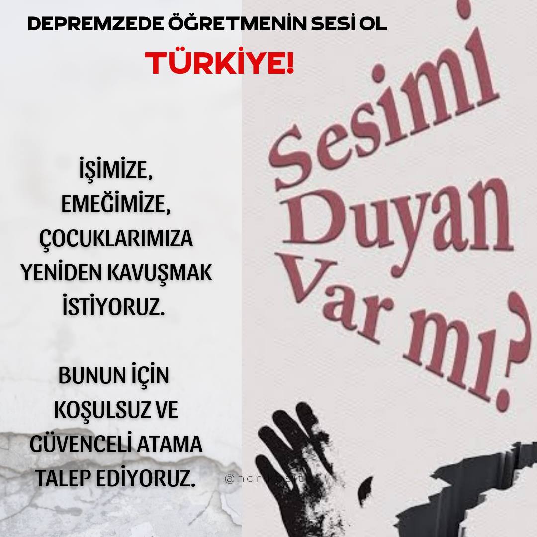 Depremden en çok etkilenen 4 il ve 2 ilçede ataması yapılmayan öğretmenler için müjde bekliyoruz. Şartsız atanmak istiyoruz <a href="/RTErdogan/">Recep Tayyip Erdoğan</a> <a href="/dbdevletbahceli/">Devlet Bahçeli</a> <a href="/fahrettinaltun/">Fahrettin Altun</a> <a href="/_cevdetyilmaz/">Cevdet Yılmaz</a> <a href="/Akparti/">AK Parti</a> <a href="/Yusuf__Tekin/">Yusuf Tekin</a>  <a href="/ademyesildal/">Adem Yeşildal.🇹🇷</a> <a href="/HuseyinYayman/">Hüseyin Yayman🇹🇷</a> #UnutulanDepremzedeÖğretmeneAtama