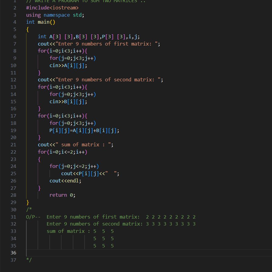 Aachal_Thaware's tweet image. Day 73/100 #100daysofcoding 
I have solved 2-d array problem that sum of two matrices.
#keepsolving
#happycoding 💙