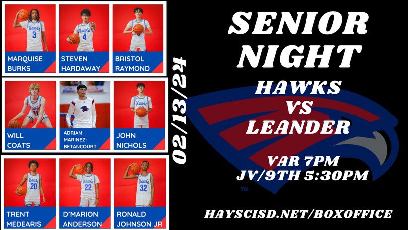 Come out and support our 9 senior boys!!!!
📍 7pm Bales gym
Vs LeanderLions