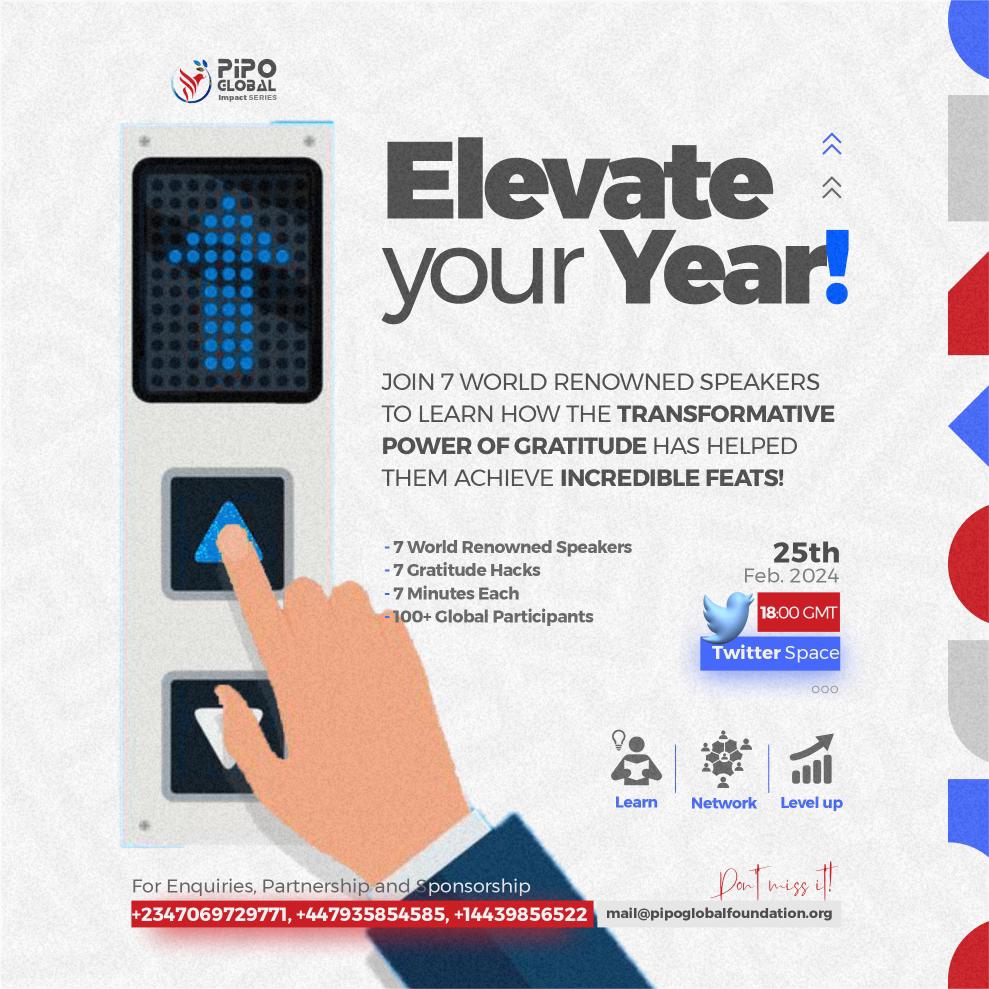 pipo_foundation's tweet photo. *Elevate your Year!*

Join 7 World Renowned Speakers to learn how the Transformative Power of Gratitude has helped them achieve incredible feats!

Featuring: - 7 World Renowned Speakers- 7 Gratitude Hacks - 7 minutes each - 100+ global participants.

Learn, Network, Level up. https://t.co/7Rq9OSZDit