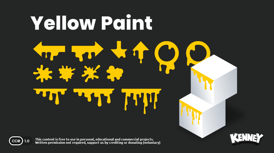 KenneyNL's tweet image. I've heard you all need some yellow paint, so here's the Yellow Paint Pack! Includes PNG and vector files, suitable for any use and perfect for telling players where to go 👀

Download: kenney.nl/assets/yellow-…