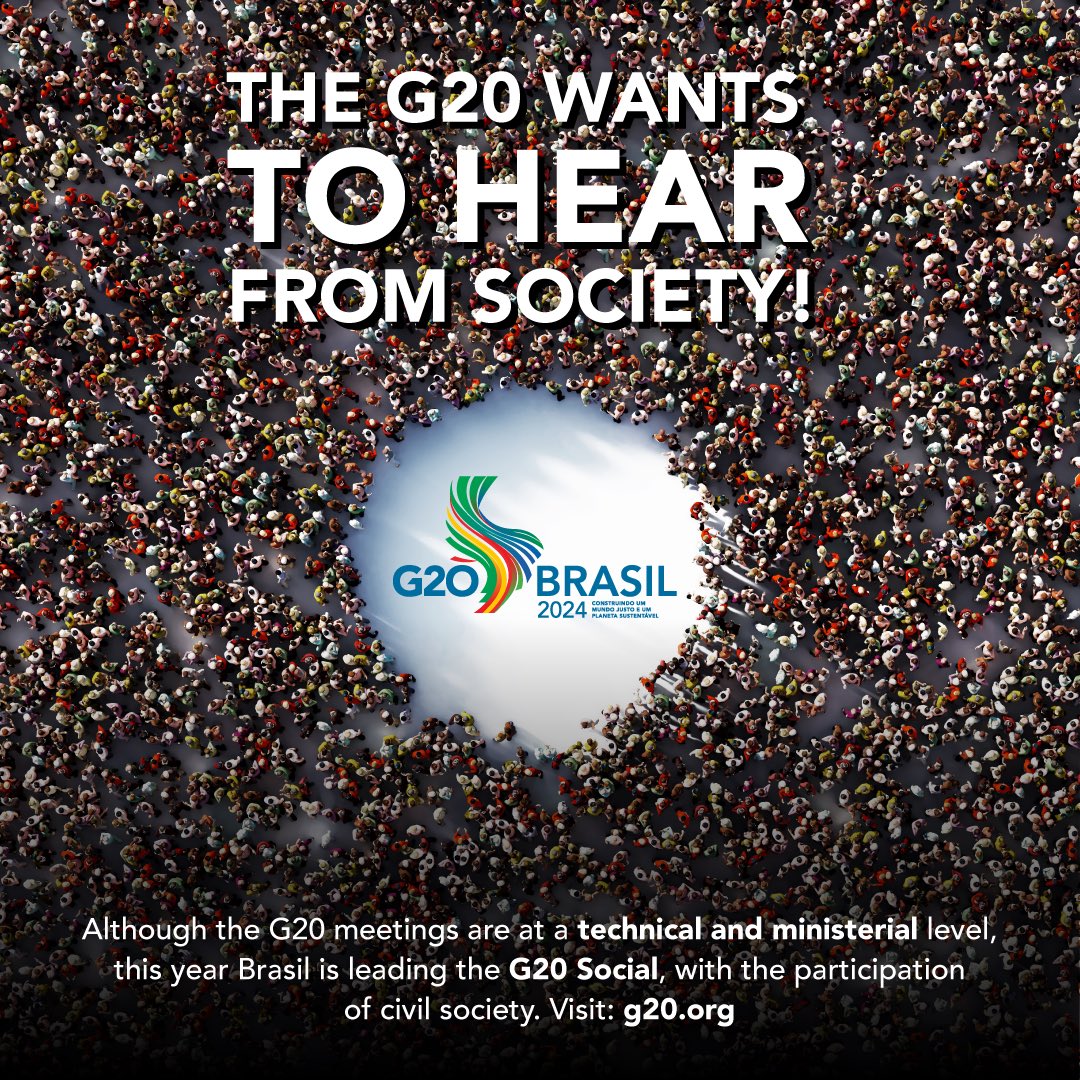 The Brazilian presidency of the G20 seeks to stimulate and strengthen a space for the participation of civil society in the discussions and formulation of policies related to the G20 through the G20 Social. Find out more at g20.org #G20Brasil #G20Brazil