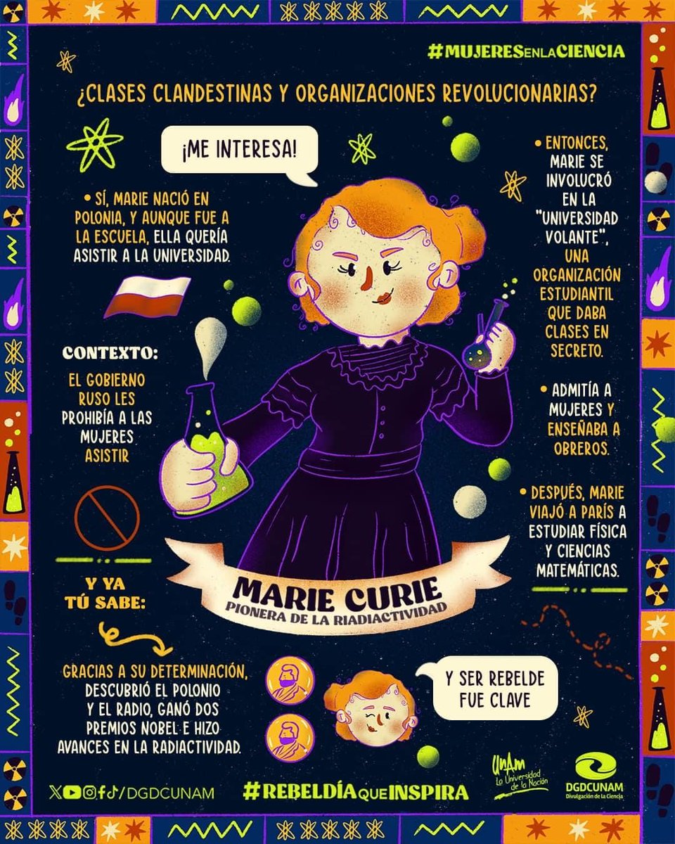 Marie Curie no solo fue una eminente científica, también tuvo sentido social y rebeldía. Fue la primera mujer en ganar un Premio Nobel y la primera persona en ganarlo en dos categorías distintas: física y química. ¡Inspírate con #MujeresEnLaCiencia!