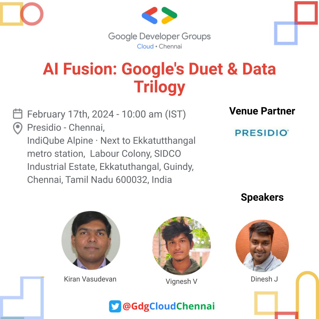 GDG Cloud Chennai (@gdgcloudchennai) on Twitter photo 📢 Join us - Sat, Feb 17 2024, 10:00 AM (IST) - AI Fusion: Google's Duet & Data Trilogy by <a href="/Vasudevan4Kiran/">Kiran Vasudevan</a> , Dinesh Jayachandran , Vignesh V
RSVP 👉  gdg.community.dev/events/details…
<a href="/GDGIndia/">Google Developer Groups India</a>
<a href="/GoogleDevsIN/">Google for Developers India</a>
<a href="/wtmchennai/">WomenTechMakers Chennai</a>
<a href="/GDGChennai/">GDG Chennai</a>
@TFUGChennai
<a href="/kcdchennai/">Kubernetes Community Days Chennai</a>
@CncChennai 📢 Join us - Sat, Feb 17 2024, 10:00 AM (IST) - AI Fusion: Google's Duet & Data Trilogy by <a href="/Vasudevan4Kiran/">Kiran Vasudevan</a> , Dinesh Jayachandran , Vignesh V
RSVP 👉  gdg.community.dev/events/details…
<a href="/GDGIndia/">Google Developer Groups India</a>
<a href="/GoogleDevsIN/">Google for Developers India</a>
<a href="/wtmchennai/">WomenTechMakers Chennai</a>
<a href="/GDGChennai/">GDG Chennai</a>
@TFUGChennai
<a href="/kcdchennai/">Kubernetes Community Days Chennai</a>
@CncChennai