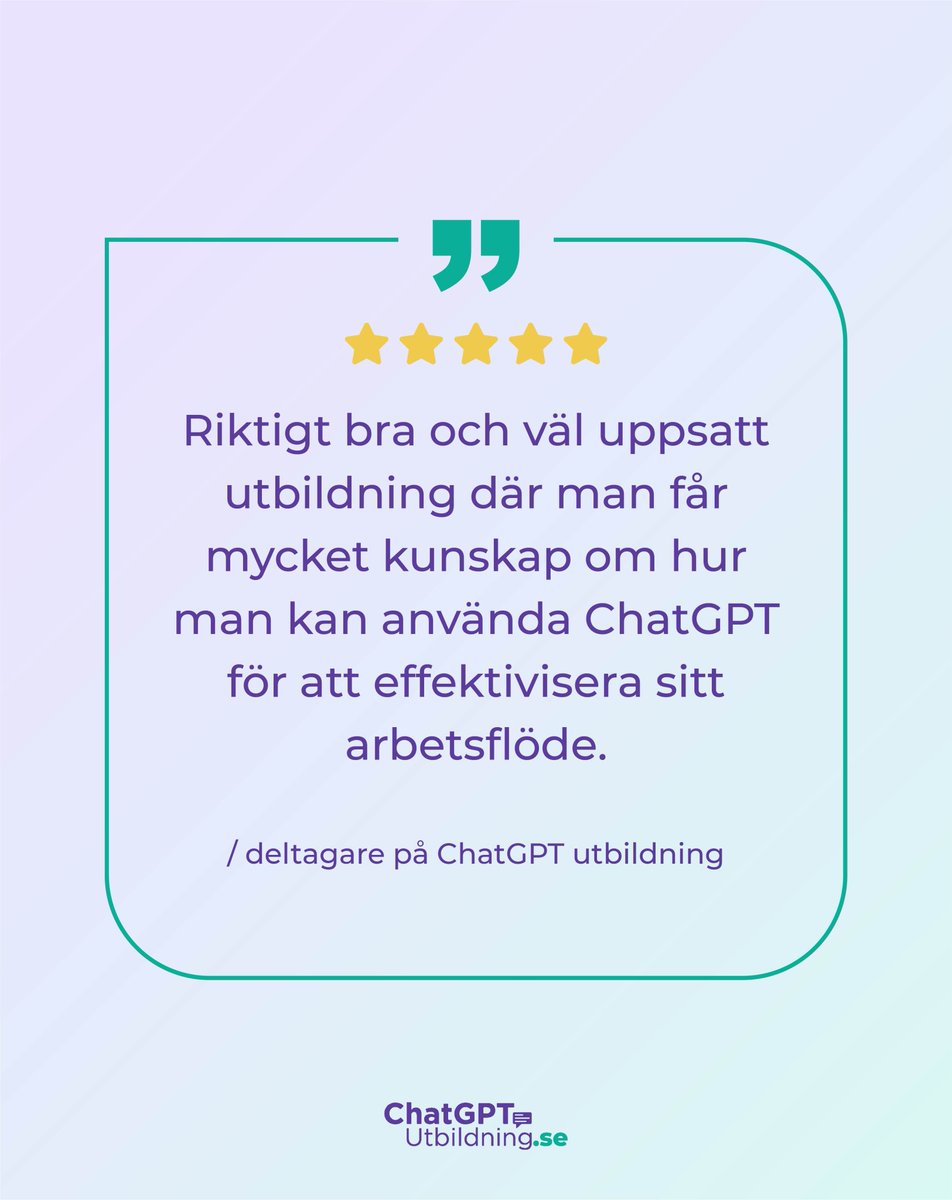 Citat från våra engagerade ChatGPT deltagare, det blir vi glada av!😊🤖

#chatgpt #gpt4 #chatgptutbildning #chatgptsverige #ai #aiverktyg #prompt #promptning