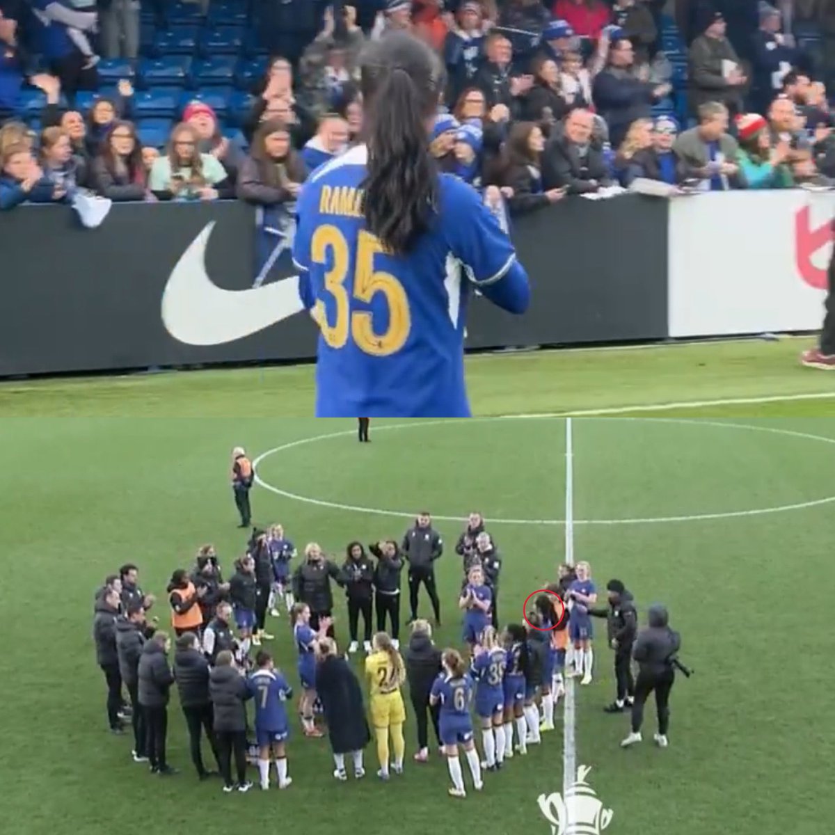Termina el partido. Las futbolistas del Chelsea, en círculo, aplauden a Mayra Ramírez tras su golazo de taco, con el que el Chelsea venció al Palace y avanzó en la FA Cup. Luego, Mayra saluda al público, mientras las tribunas le cantan, con el ritmo de Bella Ciao: 'Her name is…