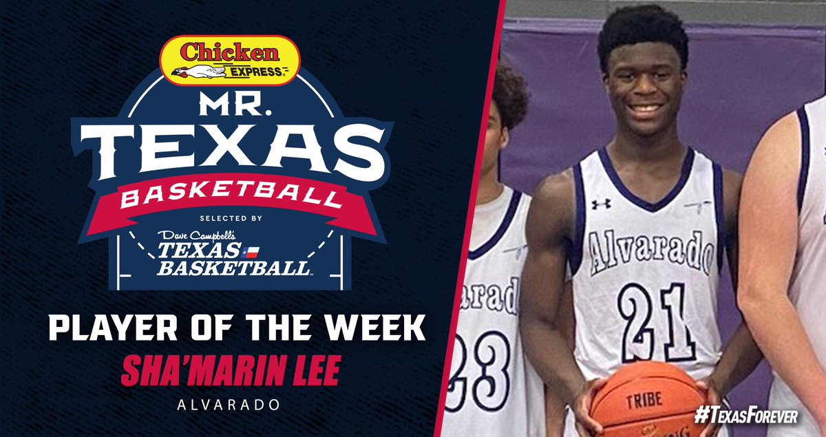 Dave Campbell's Texas Basketball (@dctbasketball) on Twitter photo Congratulations to our Week 13 <a href="/Chicken_Express/">Chicken Express</a> Mr. Texas Basketball Player of the Week, Sha'Marin Lee of Alvarado!
20 points, 13 rebounds, 6 assists, 3 steals and 2 blocks vs Kennedale
<a href="/AlvaradoHigh/">Alvarado High School</a> <a href="/AlvaradoSports1/">Alvarado Indian Athletics</a> <a href="/ShaMarinLee21/">Sha’Marin Lee</a> <a href="/Alvarado_Hoops/">Alvarado Basketball</a> Congratulations to our Week 13 <a href="/Chicken_Express/">Chicken Express</a> Mr. Texas Basketball Player of the Week, Sha'Marin Lee of Alvarado!
20 points, 13 rebounds, 6 assists, 3 steals and 2 blocks vs Kennedale
<a href="/AlvaradoHigh/">Alvarado High School</a> <a href="/AlvaradoSports1/">Alvarado Indian Athletics</a> <a href="/ShaMarinLee21/">Sha’Marin Lee</a> <a href="/Alvarado_Hoops/">Alvarado Basketball</a>