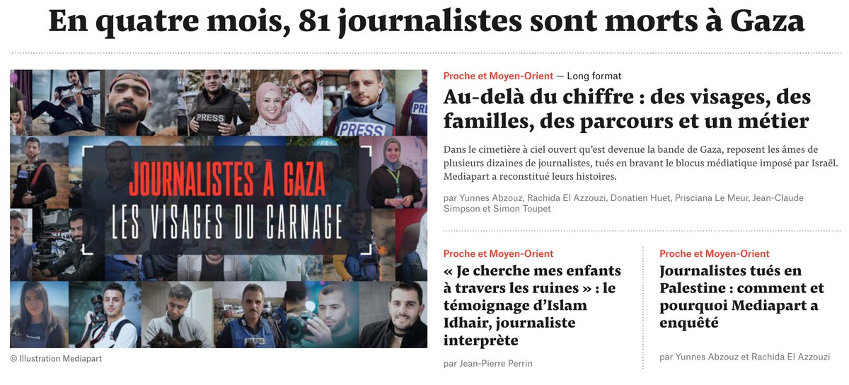 ÉDITION SPÉCIALE Dans le cimetière à ciel ouvert qu’est devenu #Gaza, reposent les âmes de 81 journalistes, tués en bravant le blocus médiatique imposé par Israël. Des visages, des familles, des parcours et un métier que @Mediapart a reconstitués. ▶️mediapart.fr/studio/panoram…