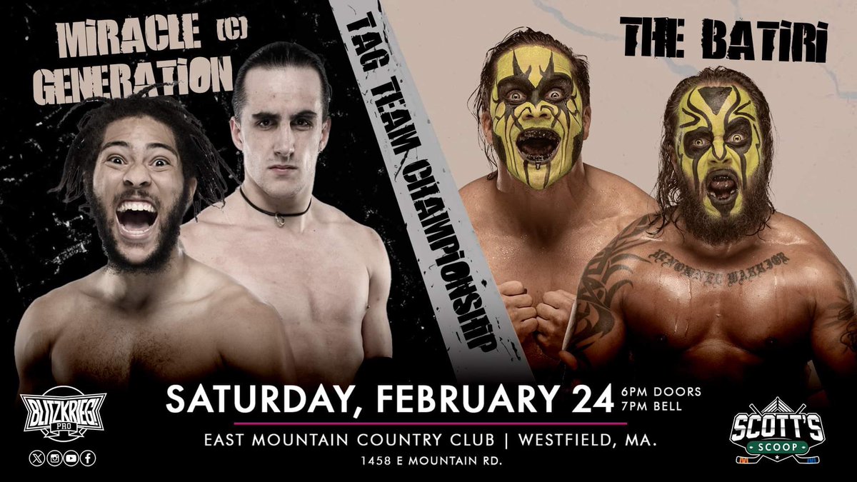 🎙️TAG TEAM TITLE MATCH 🎙️

<a href="/RealMiracleGen/">💫 Miracle Generation 💫</a> (c)
vs
<a href="/TheBatiri/">The Batiri</a> 

The Batiri makes their long awaited return at “Everything is Alright” on Feb 24th in Westfield, MA - and they are looking to reclaim their spot at the top!

🎟: BlitzkriegPro.net
📺: IWTV.live