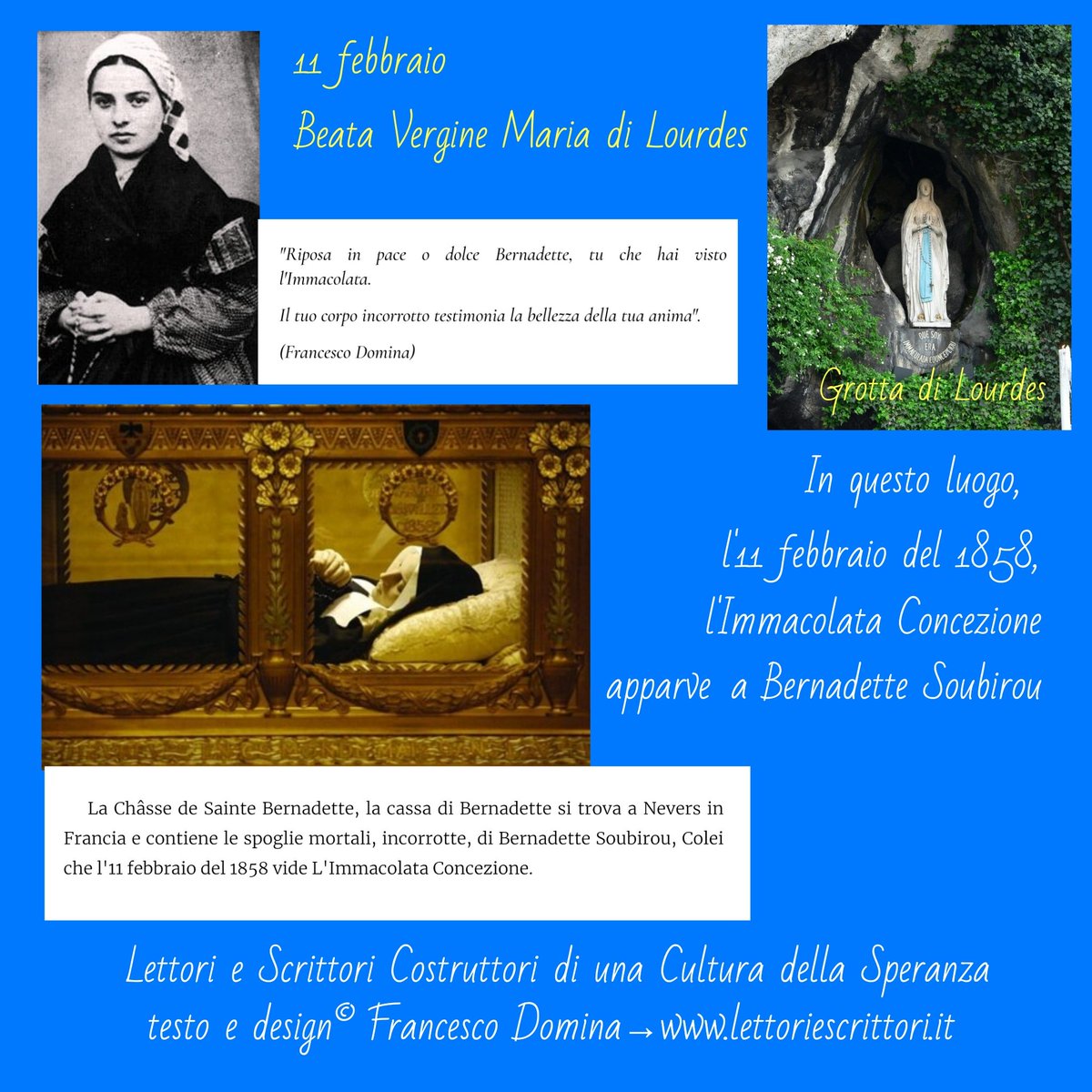 11 febbraio 
Beata Vergine Maria di Lourdes
@escrittori 
👇📖
lettoriescrittori.it/l/io-sono-limm…
#xcattoart