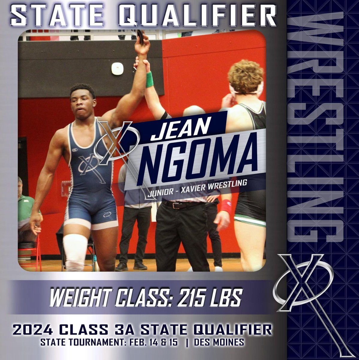 ☑️STATE QUALIFIER: Jean Ngoma (Junior | 215 lbs). #WeAreXavier #BeXceptional