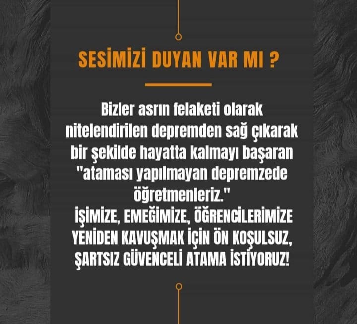 UNUTULDUK... Ataması yapılmayan depremzede öğretmenler deprem sonrası toparlanamadı. Geçim sıkıntısı devam ediyor. Sesimizi duyun...
<a href="/akparti/">AK Parti</a> <a href="/tcbestepe/">T.C. Cumhurbaşkanlığı</a> <a href="/tcmeb/">Millî Eğitim Bakanlığı</a> <a href="/Yusuf__Tekin/">Yusuf Tekin</a> <a href="/MehmetYalcintr/">Mehmet YALÇIN</a> <a href="/ademyesildal/">Adem Yeşildal.🇹🇷</a> <a href="/HuseyinYayman/">Hüseyin Yayman🇹🇷</a>
#UnutulanDepremzedeÖğretmeneAtama