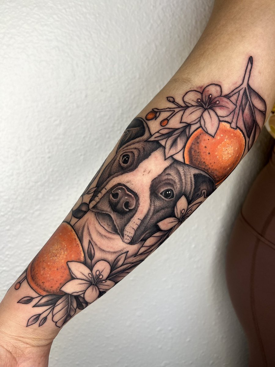 stopdotcom's tweet image. Puppy portrait fresh &amp;amp; healed pics with the baby that inspired the piece in the first place! 🍊💓