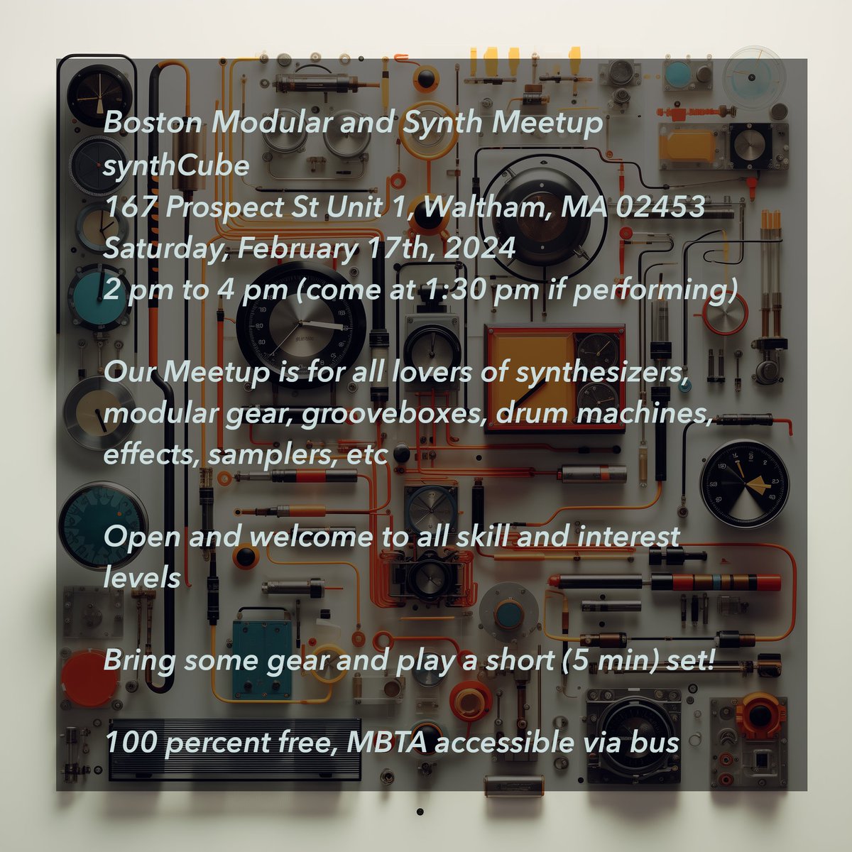NESynthFest's tweet image. Boston Modular and Synth Meetup at SynthCube (167 Prospect St., Waltham, Mass.) Saturday, Feb. 17, 2024, 2-4pm (come early if performing). Bring some gear and play a 5-minute set! Free.

meetup.com/boston-modular…

@bostonmodular