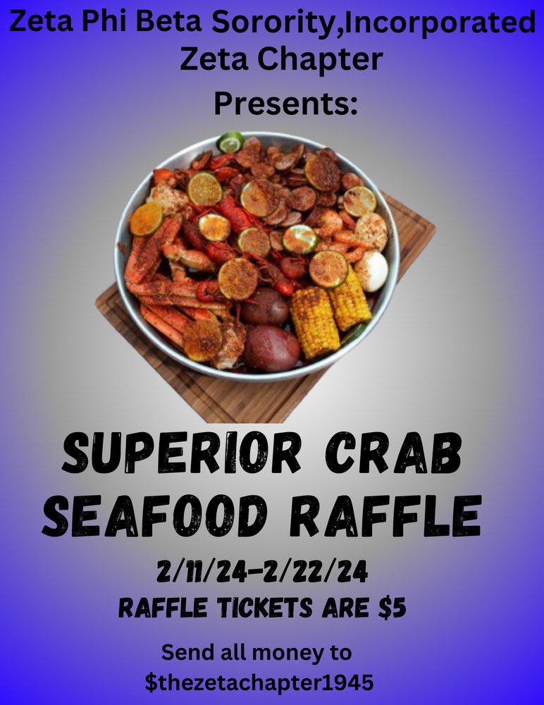 It’s Raffle Time! Enter in your chance to win some Superior Crab Seafood! Raffle Tickets are $5! 
*In the “for” section on Cashapp, Put your phone number and name
*More Entries, Higher Chances!
* 2 lucky winners will be picked
* Drawing will held on our IG live!
Goodluck! 💙🕊️