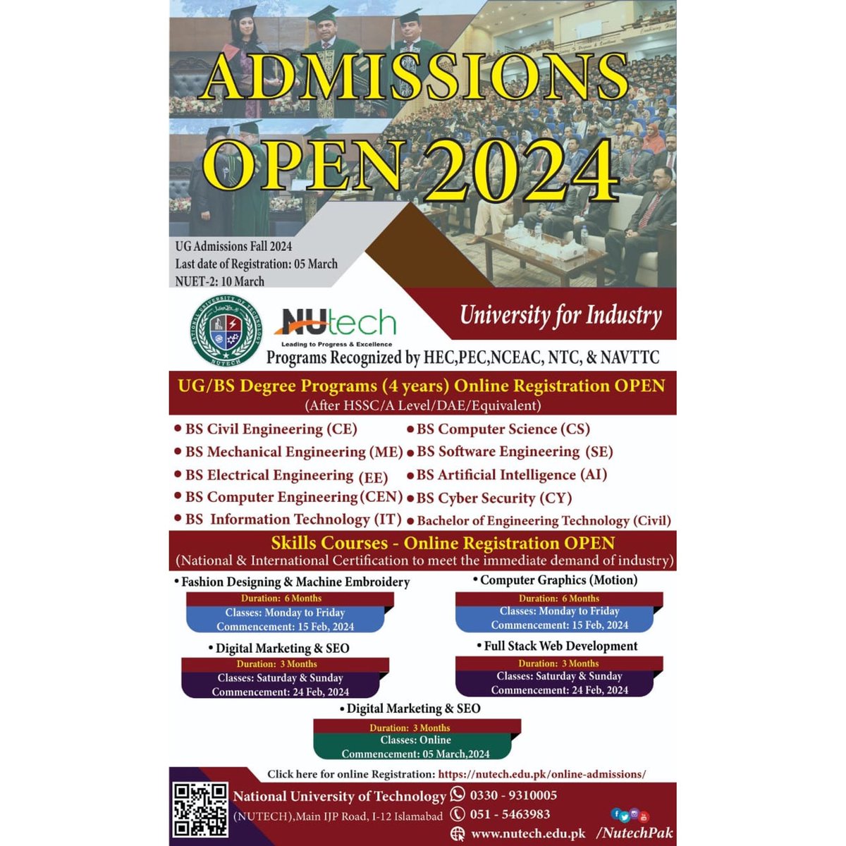 National University of Technology, (NUTECH) has started online registration for the series of entry tests, NUET-II for UG Admissions Fall 2024. Interested applicants can apply online 

Click here to apply nutech.edu.pk/admsns/online-…

We wish you the best of luck