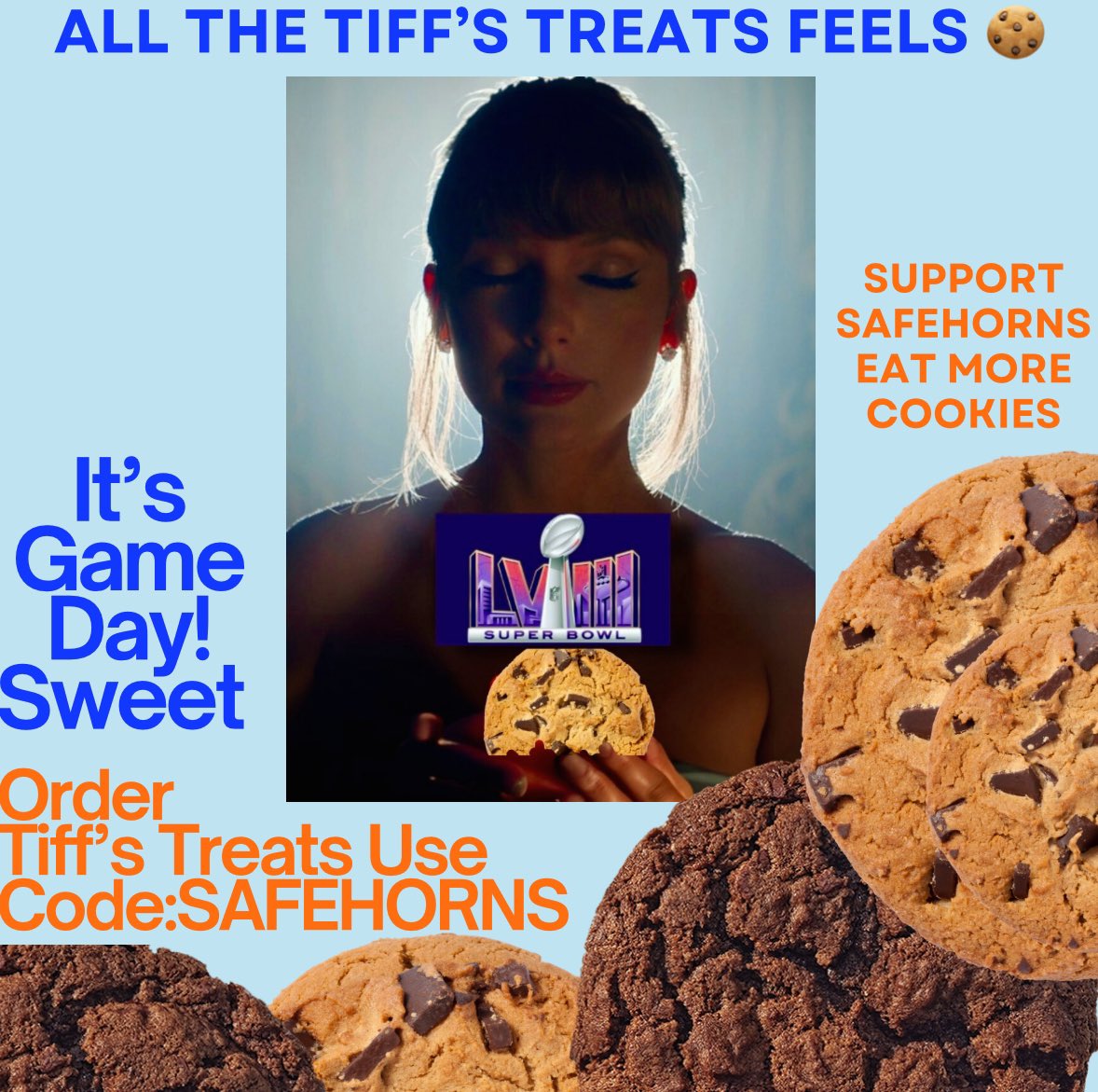 safehorns's tweet photo. Got Tiff’s? 

It’s Gameday 🏈
Get your treats at https://t.co/1jI2NBOl8B ANY location use code: SAFEHORNS🤘it’d be cool if you did. 

#SuperBowl #SupportSafeHorns #Sweet @UTAustin @TexasExes #CookiesForCommunity #TiffsTreats #YouDoGood #Hookem 
Now thru Feb. 18th Support https://t.co/jFGG8mbpgh