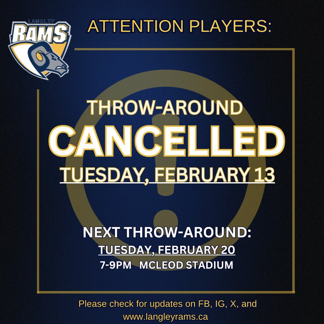 ATTENTION! This Tuesday’s (February 13) throw-around has been cancelled. We will see you back out on Tuesday, February 20th from 7-9pm. 

As always, be sure to check for updates on our IG, FB, X, and on our website at langleyrams.ca