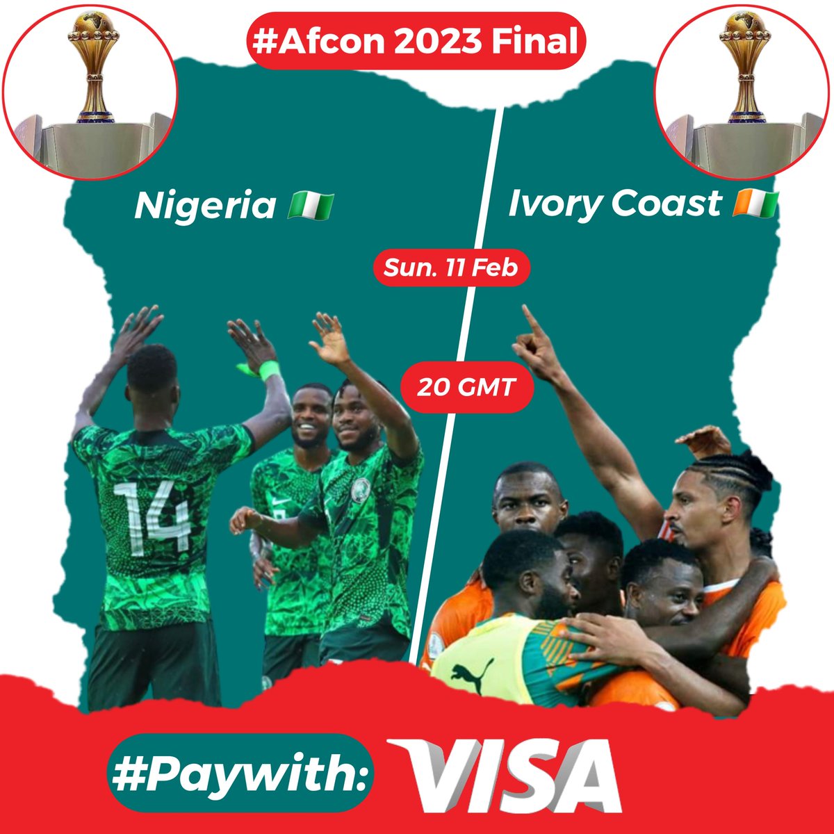 The #AFCON games are about to end. Visa has been an amazing sponsor. 
Nigeria vs Ivory Coast is setting the stage
Who do you believe will carry the cup home? 
While wait/enjoy remember to #Paywithvisa when you shop to enjoy zero transaction costs 👍💯🔥

#TotalEnergiesAFCON2023