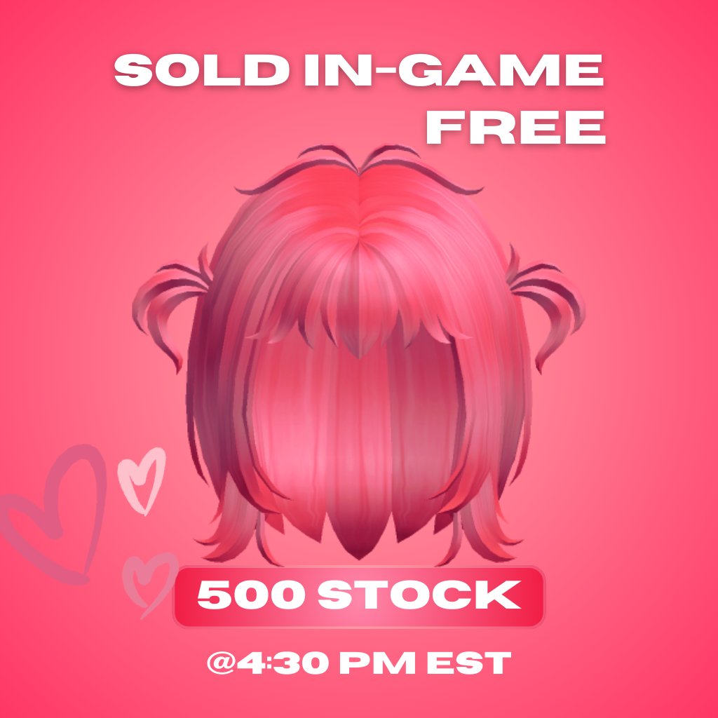 idealxyo's tweet photo. HELLO WE'RE DROPPING A FREE UGC LIMITED HAIR VALENTINES DAYYY 💋💗💞

Requirements: Follow @idealxyo and @w4yoo 

Time: Today, @ 4:30 PM EST
STOCK: 500
Wait time: 1 hour, 50 mins

Hair Link: https://t.co/rEKZBsXJxA
Game Link: https://t.co/i1aKWXeUO8

#Roblox #RobloxUGC #robloxart https://t.co/wUV7hji3Jp