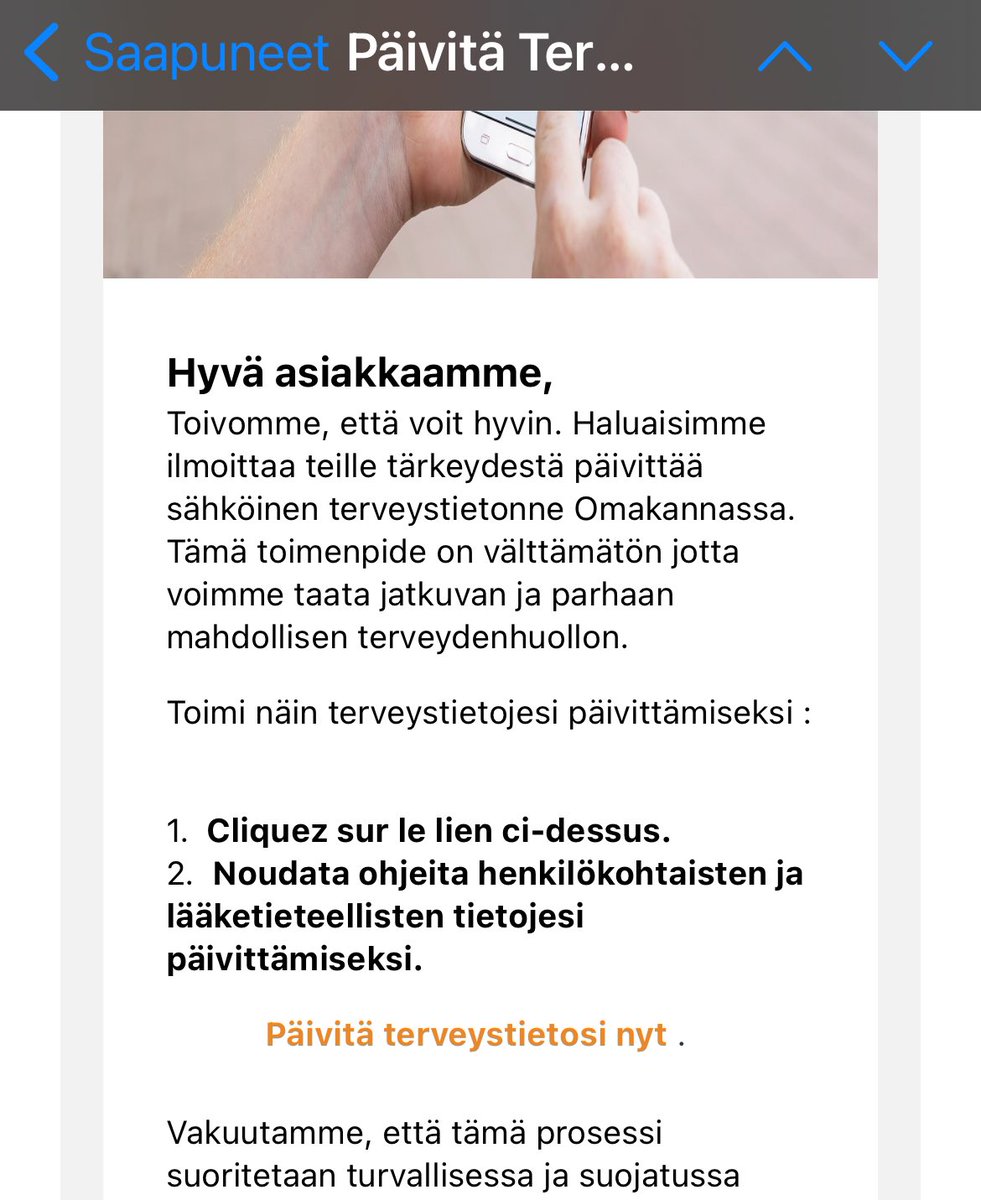 ”Cliquez sur le lien ci-dessus”, kehottaa <a href="/Kantapalvelut/">Kanta</a> -huijaus. 
Vraiment? 😹😹 C’est probablement mieux d’utiliser une langue par fois 🙌🏼 #hoax #huijaukset #tietoturva <a href="/KelaFpa/">Kela Fpa</a>
