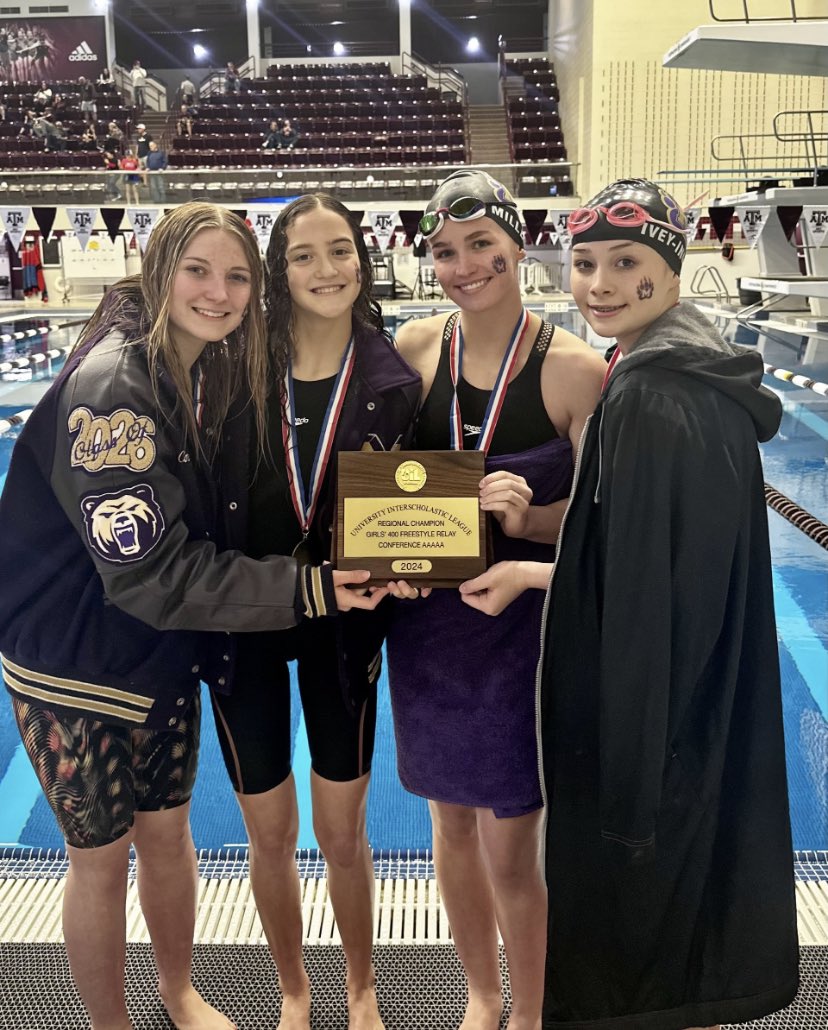 BOOM! Congrats to our Girls 400M Freestyle Relay (Meyers Jackson, Emery Garza, Kaelynn Miller, &amp; Clara Ivey) for winning 🥇 at the Regional Meet &amp; heading to state! Kaelynn also finished 🥈 in the 100 Free to advance! We’ll find out if we have even more advancing later this week!