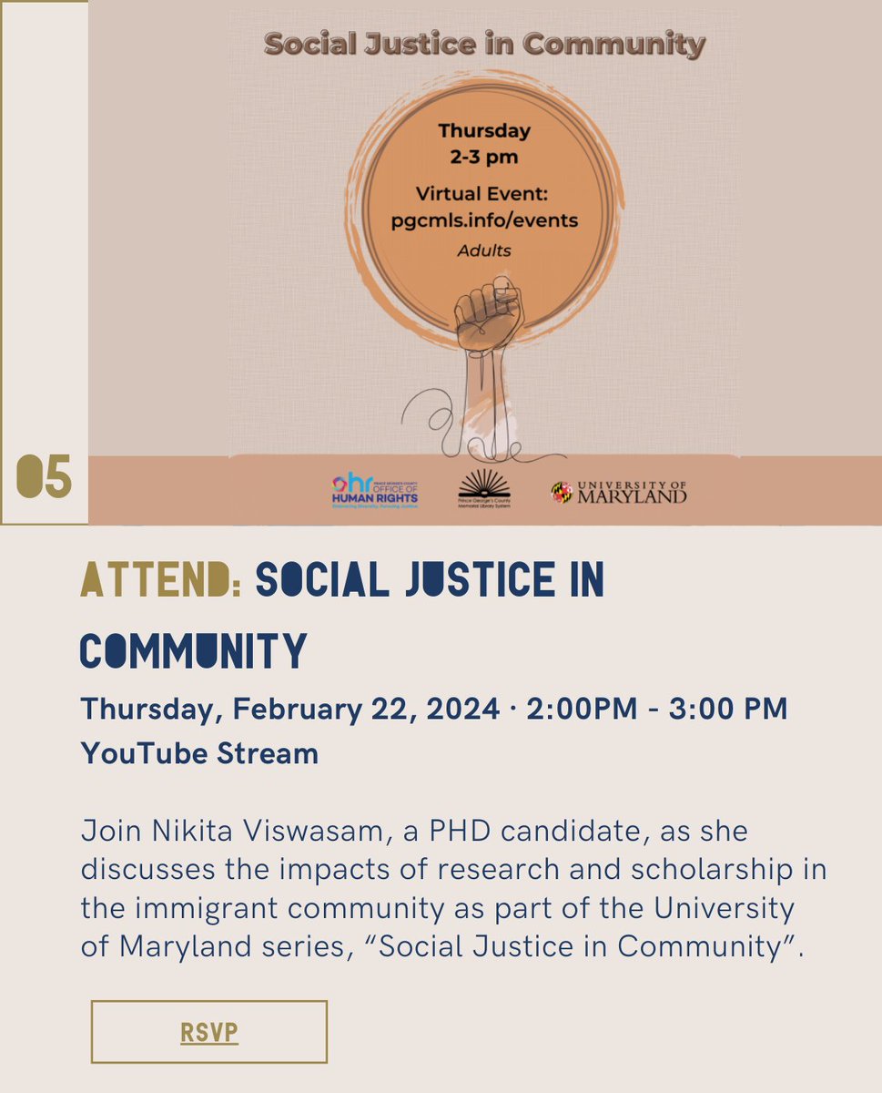 5. Attend | Social Justice in Community 

Attend @PGCMLS @PGCOHR @Univ_System_MD's Social Justice in Community:

pgcmls.info/event/10033967