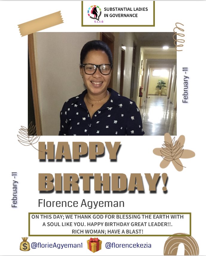 Linda Akoswa Fremah (@akoswa_linda) on Twitter photo There comes a time we remember and celebrate great leaders who helped shape our lives. Happy Birthday Madam President.
<a href="/FlorieAgyemang1/">Florence Agyemang</a> <a href="/NNYOG_GH/">National Network of Youth Group</a> <a href="/fosdagh/">Fosda Ghana</a> <a href="/ashanti_youth/">ASHANTI REGIONAL YOUTH NETWORK</a> <a href="/slig_gh/">Substantial Ladies in Governance</a> <a href="/cafaf360/">CAFAF</a> There comes a time we remember and celebrate great leaders who helped shape our lives. Happy Birthday Madam President.
<a href="/FlorieAgyemang1/">Florence Agyemang</a> <a href="/NNYOG_GH/">National Network of Youth Group</a> <a href="/fosdagh/">Fosda Ghana</a> <a href="/ashanti_youth/">ASHANTI REGIONAL YOUTH NETWORK</a> <a href="/slig_gh/">Substantial Ladies in Governance</a> <a href="/cafaf360/">CAFAF</a>
