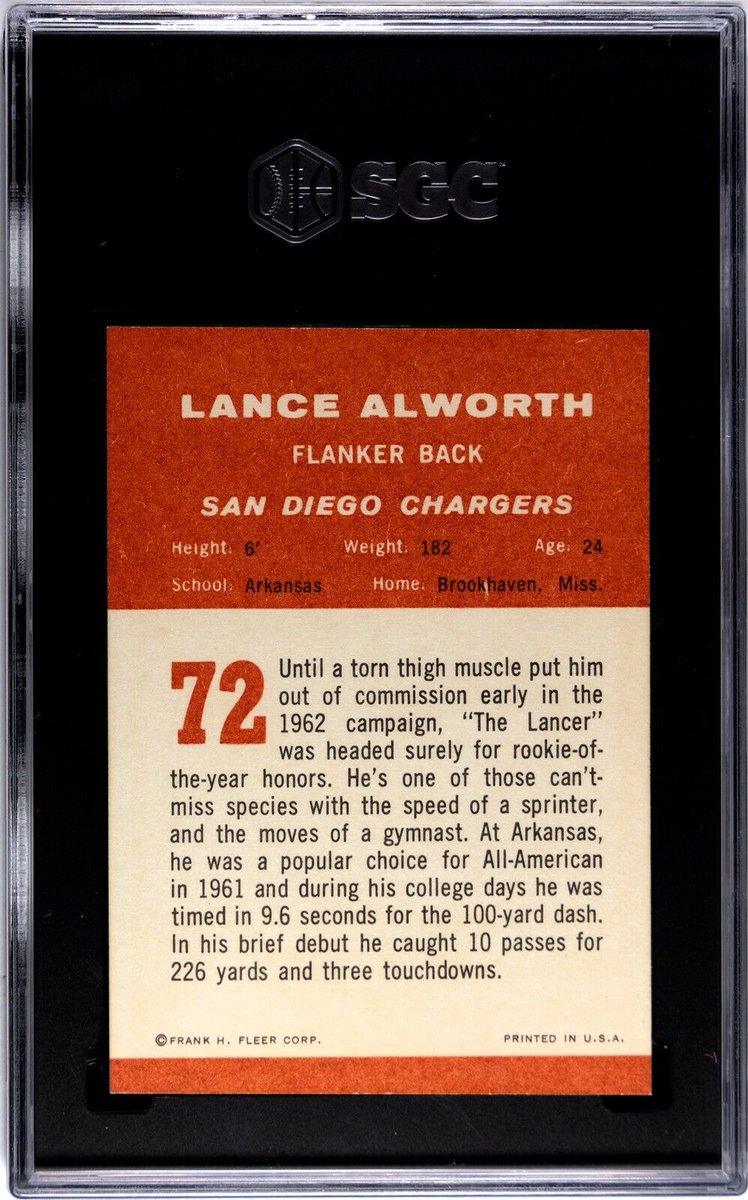 🔨#eBay auction🔨 Up for auction this week on @eBay is this 1963 Fleer Lance Alworth, San Diego Chargers SGC 7 rookie card! Auction ends Monday 2-19.🏈 #Chargers #NFL #footballcards #psacard #SGC #football #AFL #fleer #sportscards #SGC7 #nearmint ▶️ebay.com/itm/2666602590…