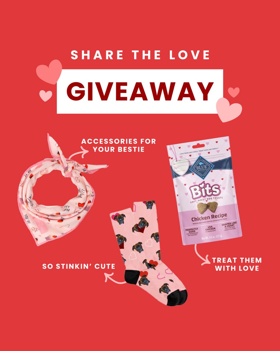 are you ready to share the love? it's time for our 💘 Valentine's Day giveaway! 💘 enter to win your fave BLUE treats, custom socks, and the cutest pet bandana To enter: 💘 Follow @bluebuffalo 💘 like & RT this post mwah! 💋