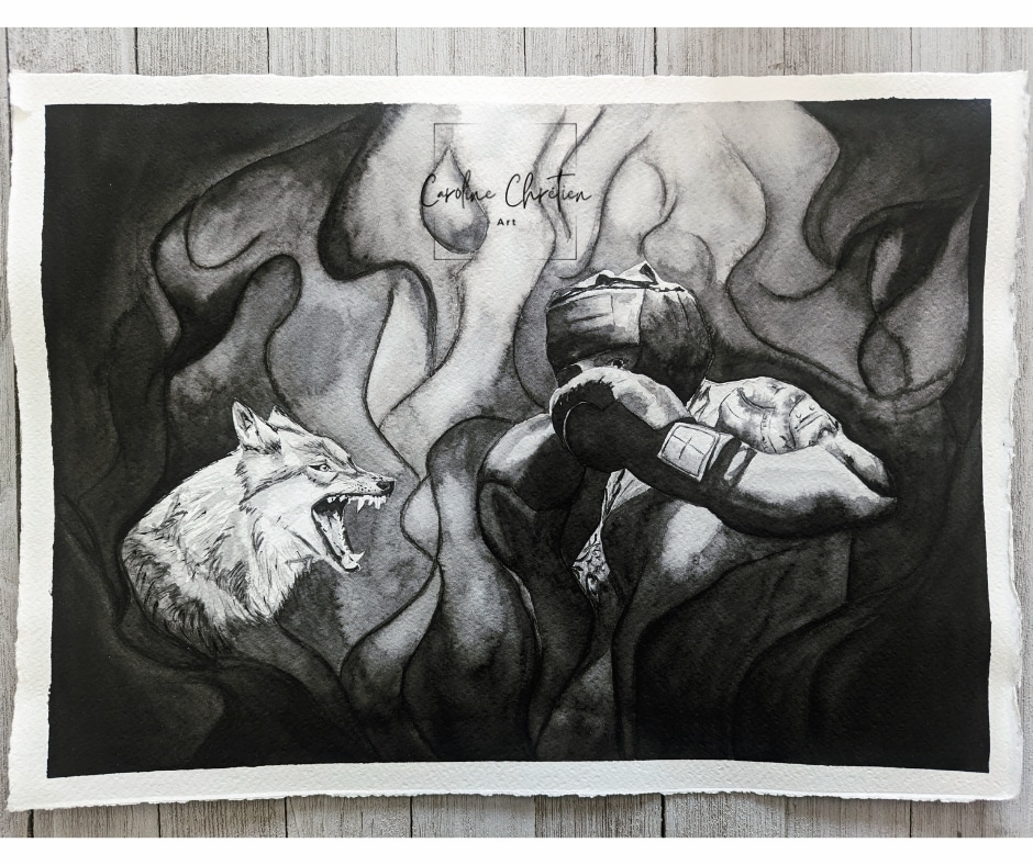 This piece is one of my favorite so far. It combines two of the things I love to paint: a fighter and and animal. #carolinechretienart #watercolor #watercolorpainting #watercolorart #watercolorwolf #wolf #boxing #boxingart