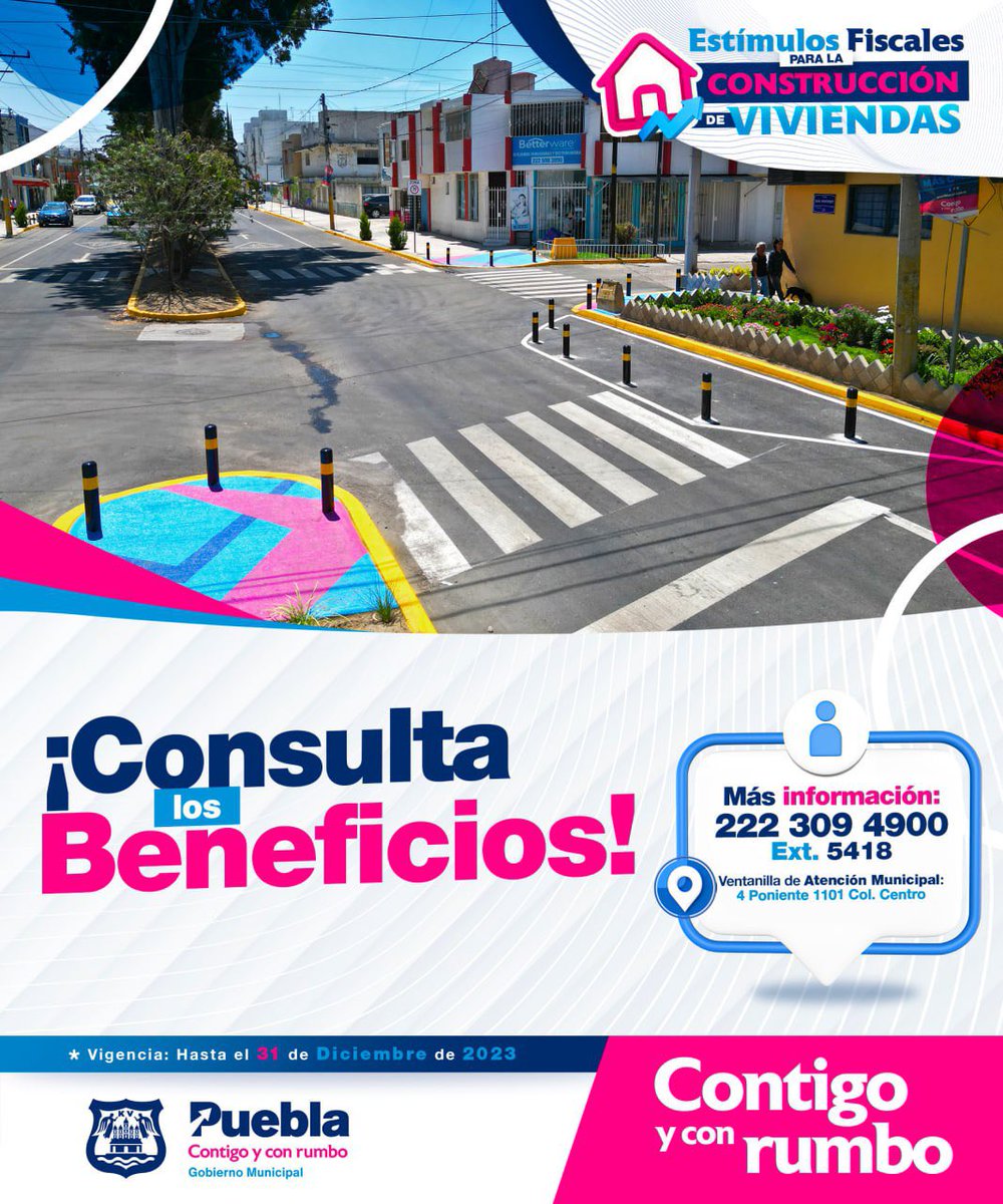 ¡Queremos que más inversiones en vivienda se queden en la ciudad! Conoce el programa de #EstímulosFiscales. 📈 
 
Puedes comunicarte al 222 308 4900 ext. 5418 para más detalles. 
 
#ContigoElBuenRumboSigue