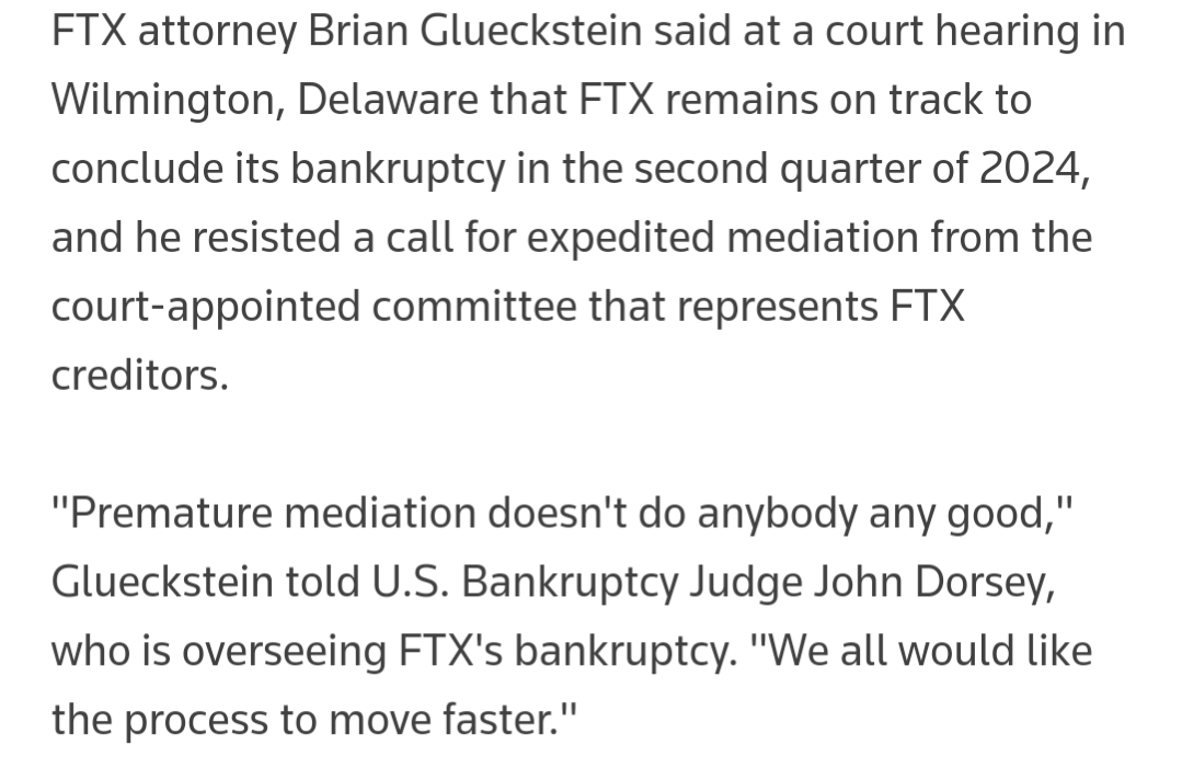 Raptorj69's tweet photo. FTX attorney Brian Glueckstein said at a court hearing that the debtor will exit from bankruptcy in the second quarter of 2024. https://t.co/nTQfJJegNc