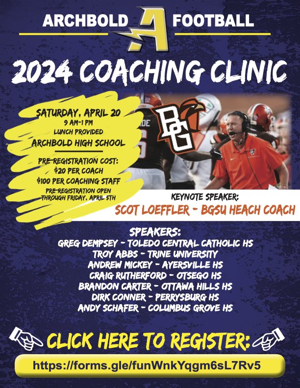 Join us Saturday, April 20th for our annual Coaching Clinic. This year’s keynote speaker is Bowling Green State University Head Coach Scott Loeffler, plus a great lineup of other successful coaches from the area. Follow the link below to register: forms.gle/funWnkYqgm6sL7…